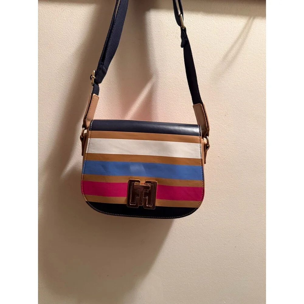 Tommy Hilfiger Genuine, Leather Stripped Saddle Crossbody Bag EUC